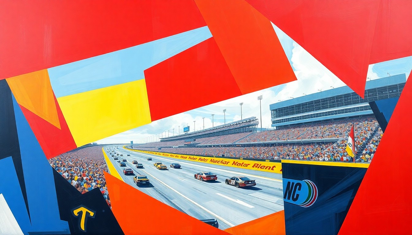 A fractured, multi-perspective painting in vibrant colors of red, blue, and yellow, breaking down a NASCAR race at Bristol Motor Speedway into sharp, overlapping geometric planes, conceptually representing the strategic and technological elements of the event.