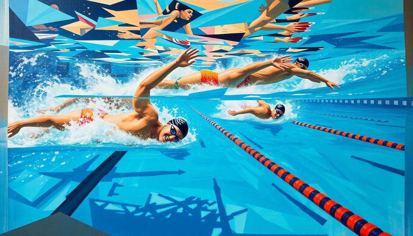 A cubist, geometric painting depicting the dynamic movements and energy of a college swimming competition, with overlapping planes of color and form representing the athletes and the water.