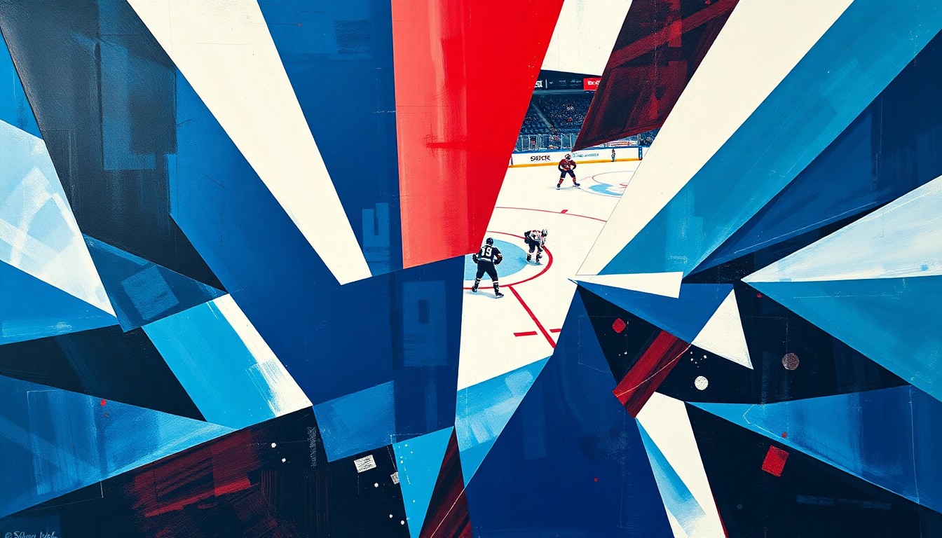 A cubist, geometric painting depicting the chaotic action of a hockey game, with players and the puck fragmented into sharp, overlapping shapes in a color palette of navy, red, and white, conveying the emotional intensity of a potentially historic moment.