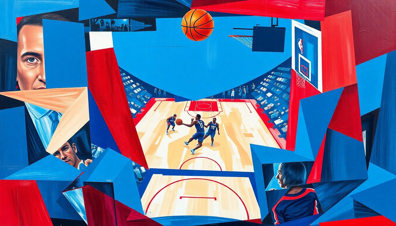 A fractured, multi-perspective painting in vibrant shades of blue, red, and white, breaking down a basketball game into sharp, overlapping geometric planes, conceptually representing the Pistons' well-rounded team and their potential for a successful playoff run.
