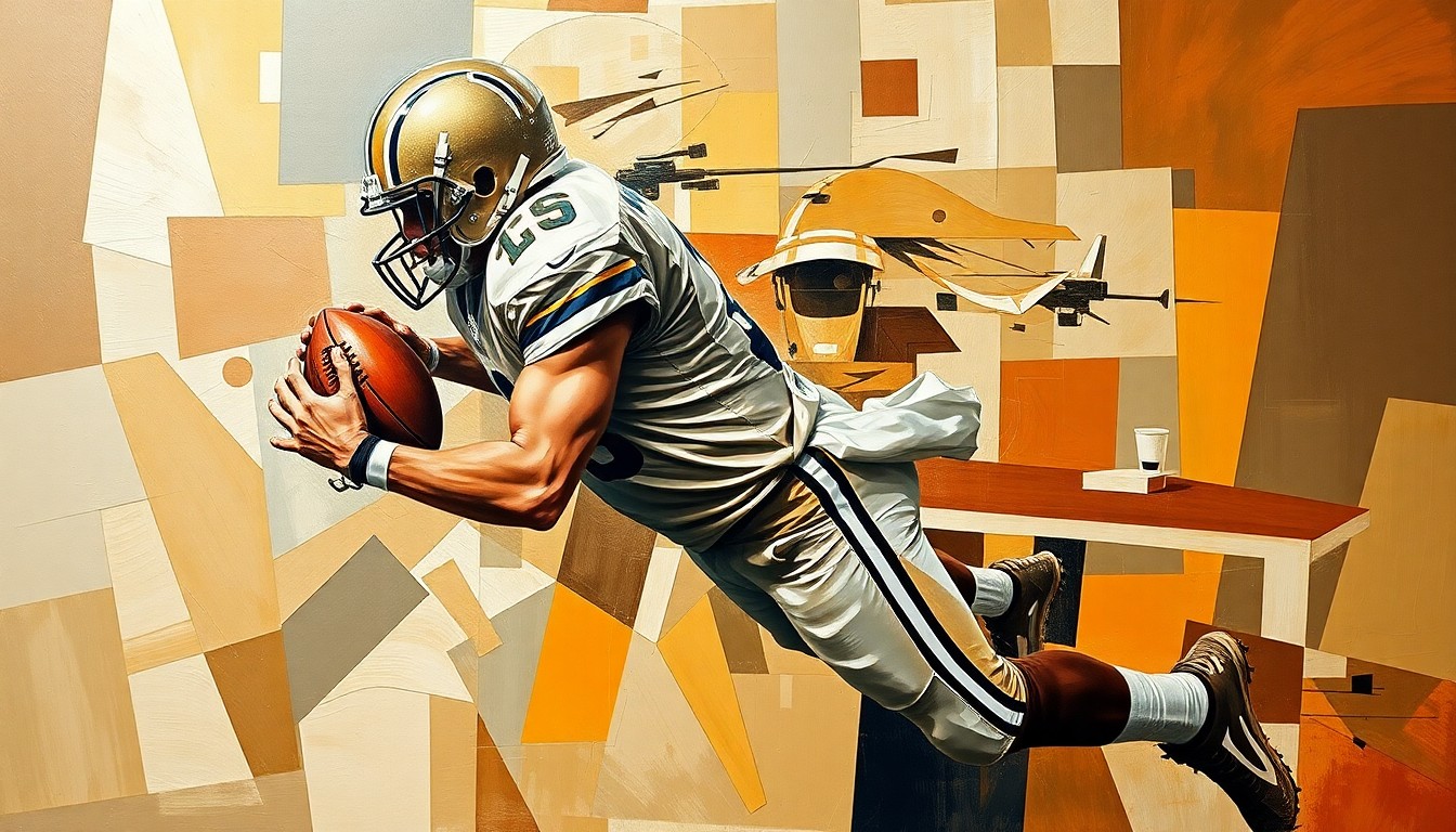 A cubist-style painting depicting a football player in mid-sack motion, broken down into sharp, overlapping geometric shapes in earthy tones, conceptually representing the complex negotiations surrounding a potential trade of the player.
