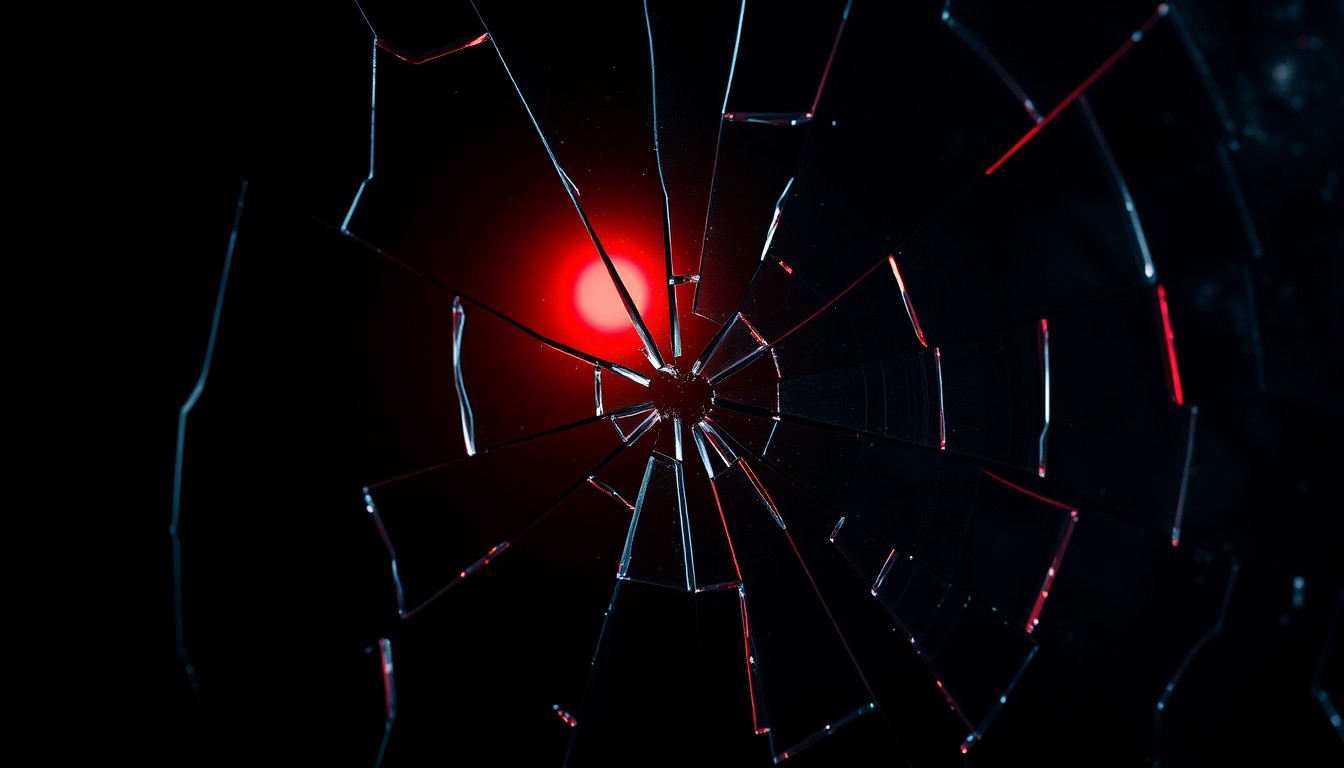 An extreme close-up of a shattered glass surface reflecting a faint red light, conceptually representing the moral fractures and unresolved tensions in the world of Dexter.