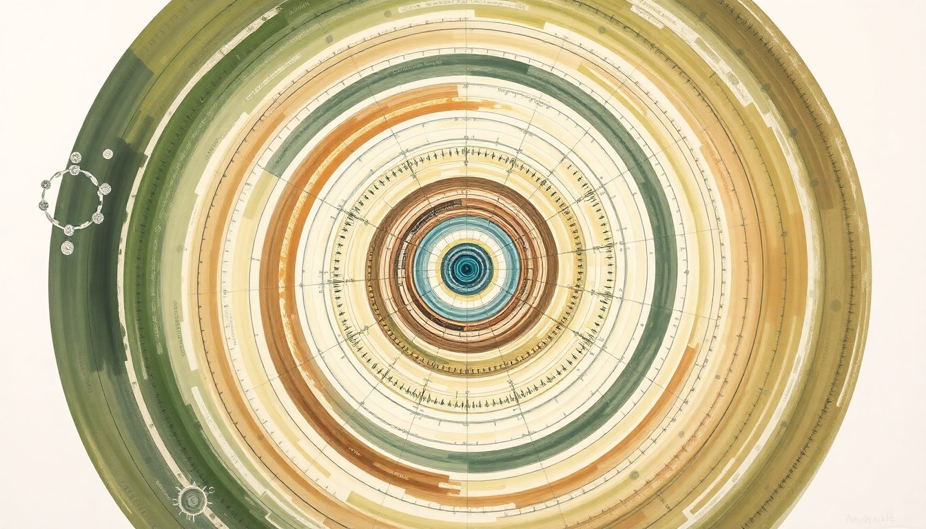 A highly structured, abstract painting in soft, earthy tones of green, brown, and blue, featuring sweeping geometric arcs, concentric circles, and precise botanical spirals, conceptually representing the complex genetic and biological mechanisms involved in inherited blindness.