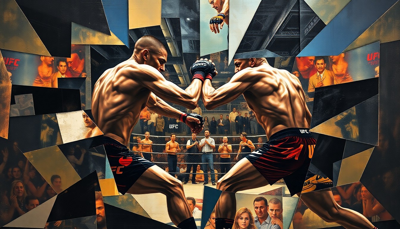 A fractured, geometric painting depicting the raw energy and intensity of a UFC fight, with the fighters' bodies and movements broken down into abstract shapes and planes, capturing the essence of the sport without any identifiable elements.