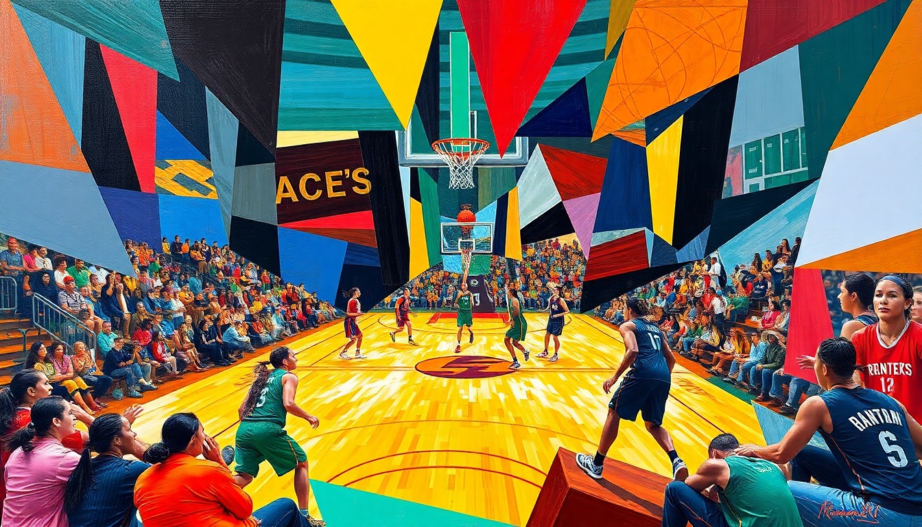 A fractured, cubist-style painting depicting a WNBA basketball game, with the players and court broken down into sharp, overlapping geometric shapes and planes in the team colors of the Aces and Fire.