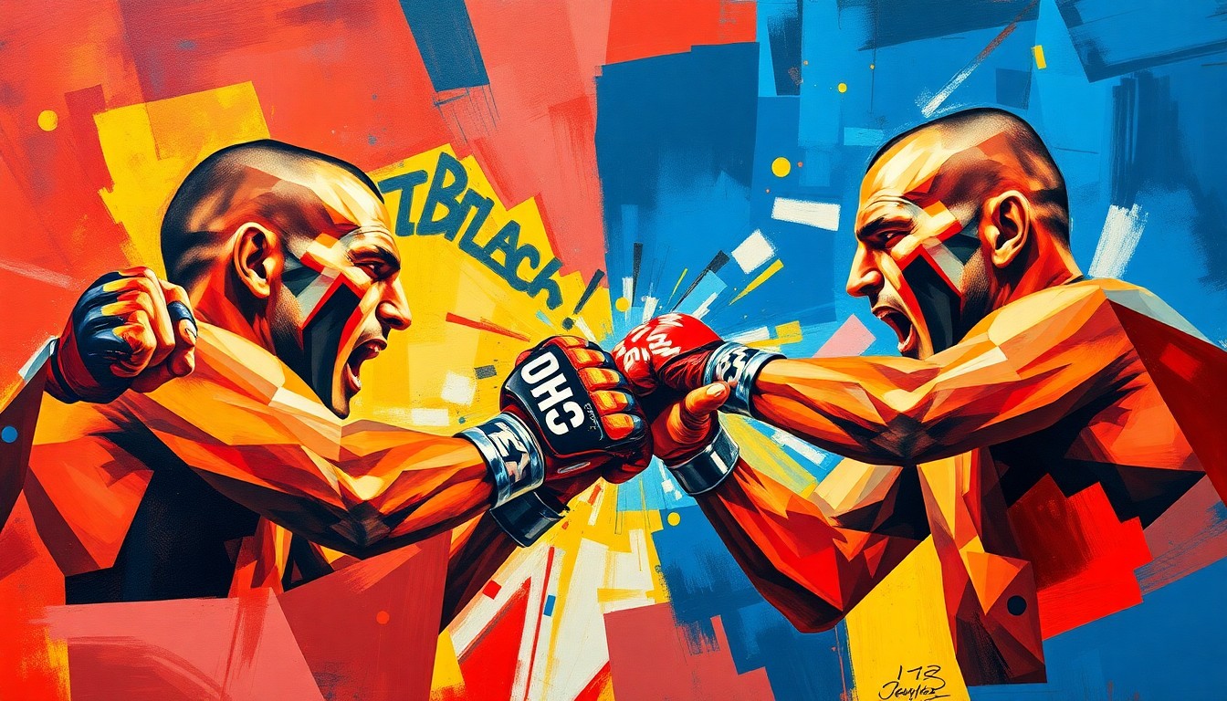 A cubist, geometric painting depicting the intense action of a UFC heavyweight fight, with the fighters' forms fractured and overlapping in a vibrant display of color and movement.