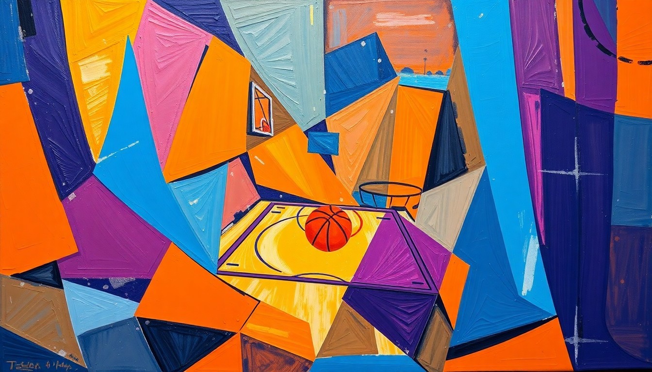 A fractured, geometric painting in vibrant colors, depicting a basketball game or match broken down into sharp, overlapping planes, representing the complex dynamics of the Phoenix Mercury's 2008 season.