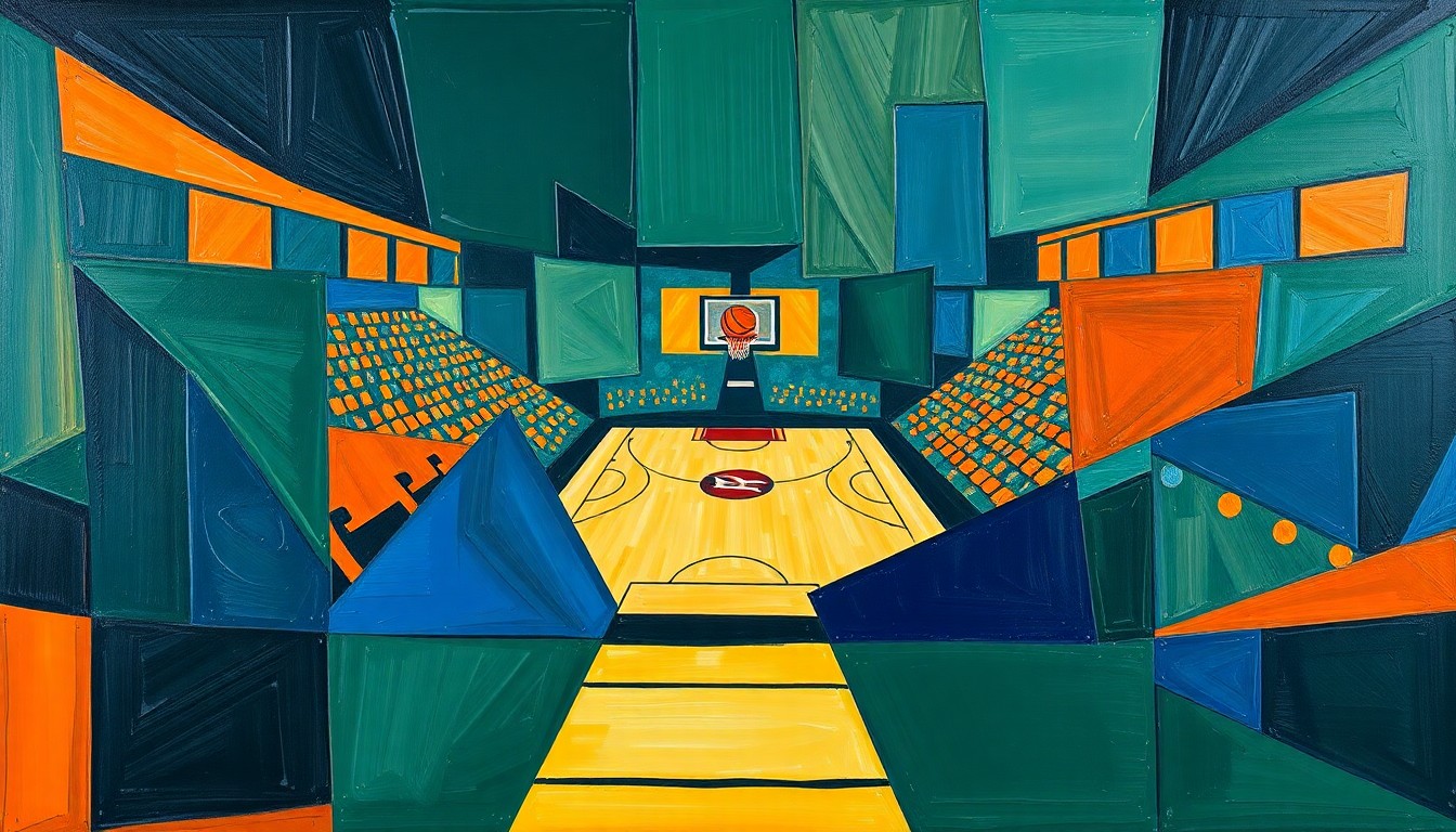 A fragmented, geometric painting depicting a college basketball game, with sharp planes of navy, green, and orange overlapping to create a sense of motion and disorientation, reflecting the chaotic nature of NIL deals and social media misinformation in college sports.