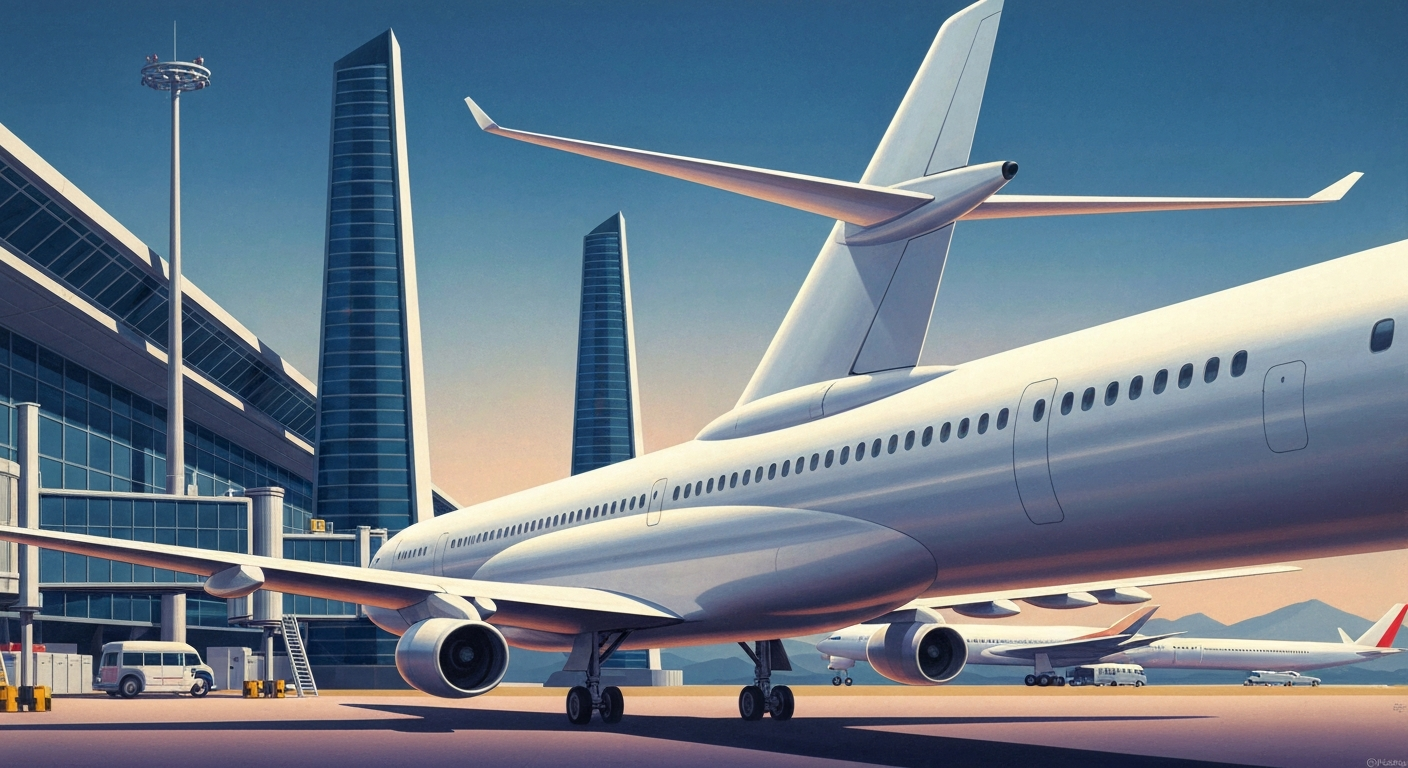 A bold, geometric illustration in the style of A.M. Cassandre, depicting the sweeping, monumental scale of an airport terminal or aircraft, with smooth airbrushed gradients and sleek, streamlined forms, conceptually representing the unexpected and transformative nature of air travel.
