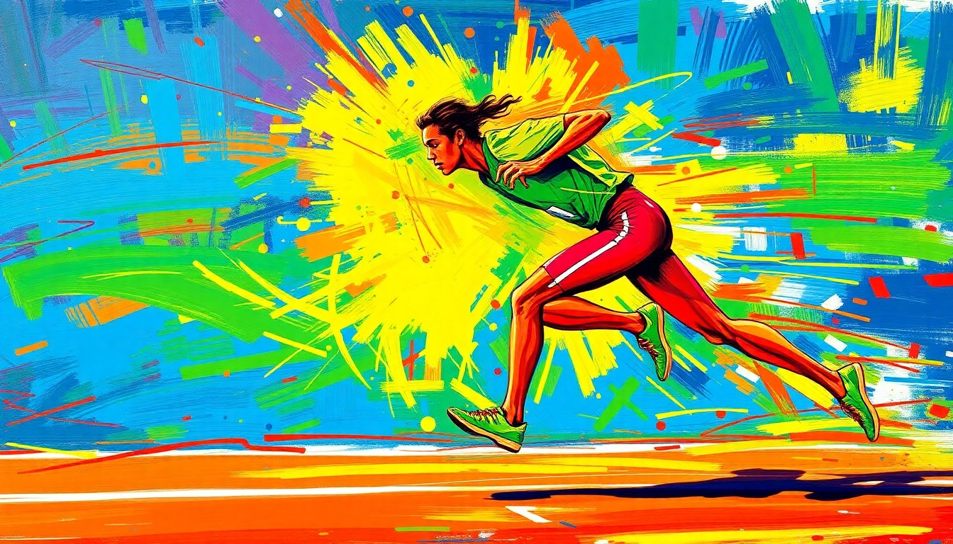 A dynamic, colorful painting with bold brushstrokes and vibrant neon hues, capturing the raw power and motion of a runner sprinting on a track.