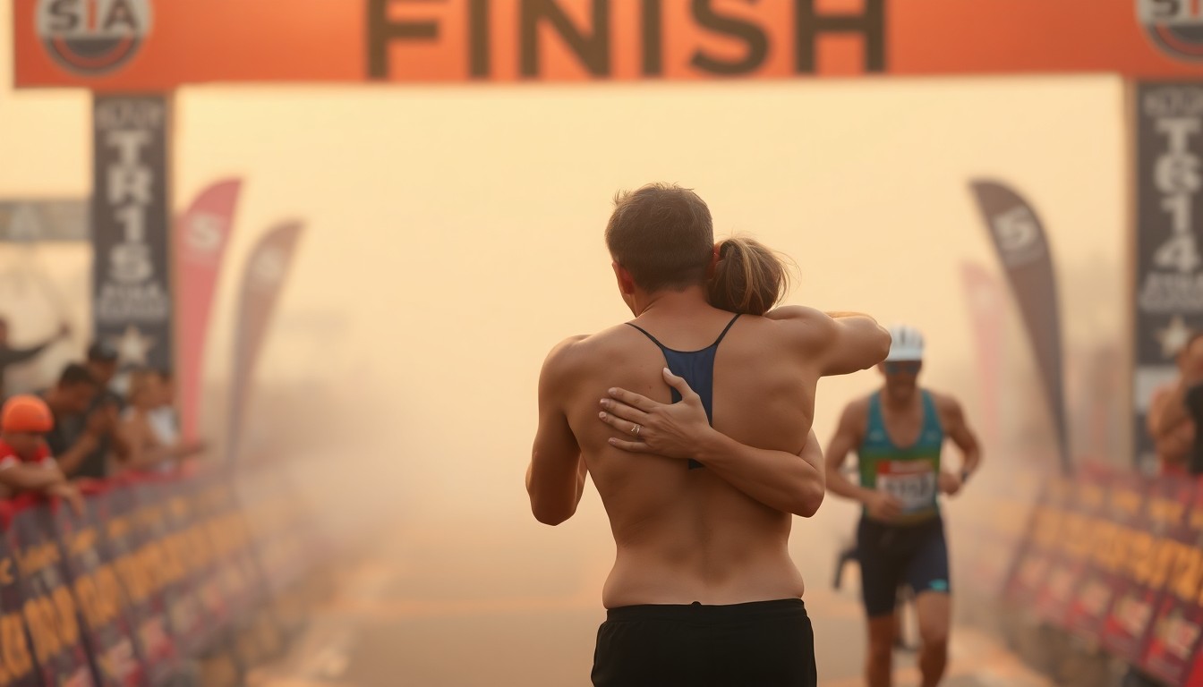 An abstract, impressionistic photograph in soft, warm tones depicting two figures embracing at the end of a race, their faces obscured but their body language conveying a sense of joy and celebration.