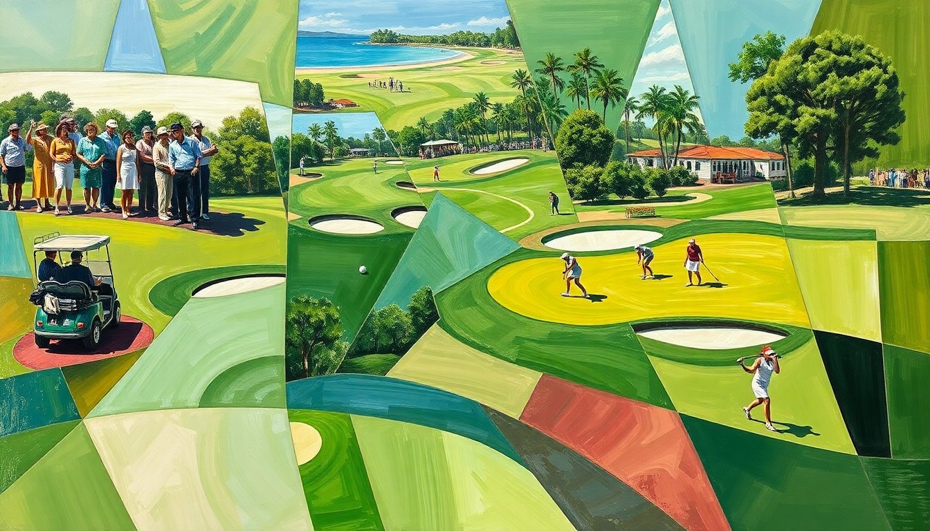 A cubist, geometric painting depicting a women's golf tournament, with overlapping planes of greens, fairways, and golfers in motion, capturing the energy and competition of the event.