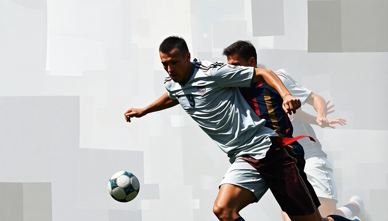 A fractured, cubist-style painting depicting the dynamic motion of a soccer player, with sharp geometric planes and obscured facial features, conveying the energy and uncertainty surrounding Sam Kerr's future career move.