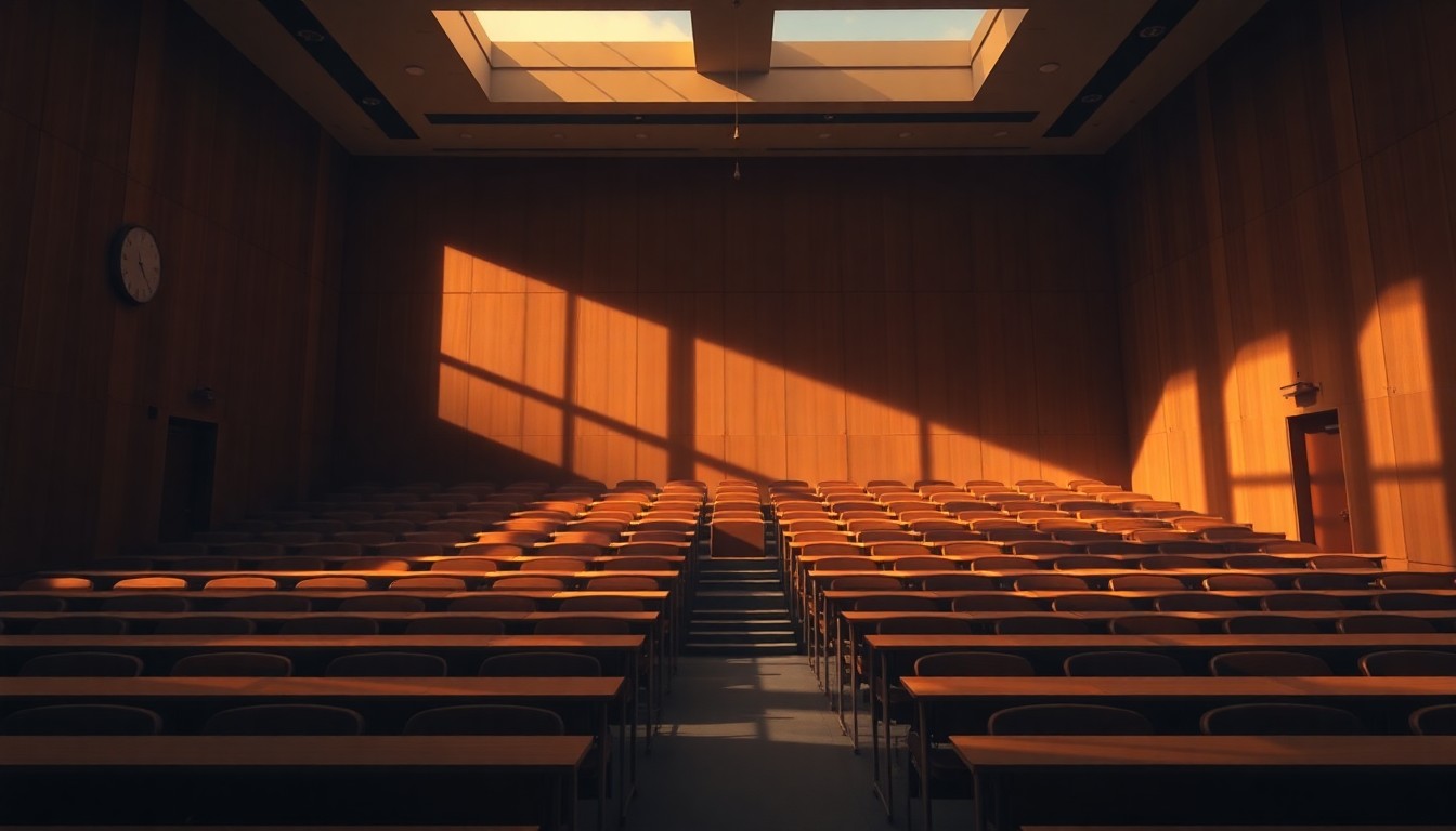 A dimly lit, cinematic painting of an empty university lecture hall, with warm sunlight streaming in through the windows and creating deep shadows across the empty desks and chairs, conveying a sense of contemplation and unease surrounding the DEI controversy.