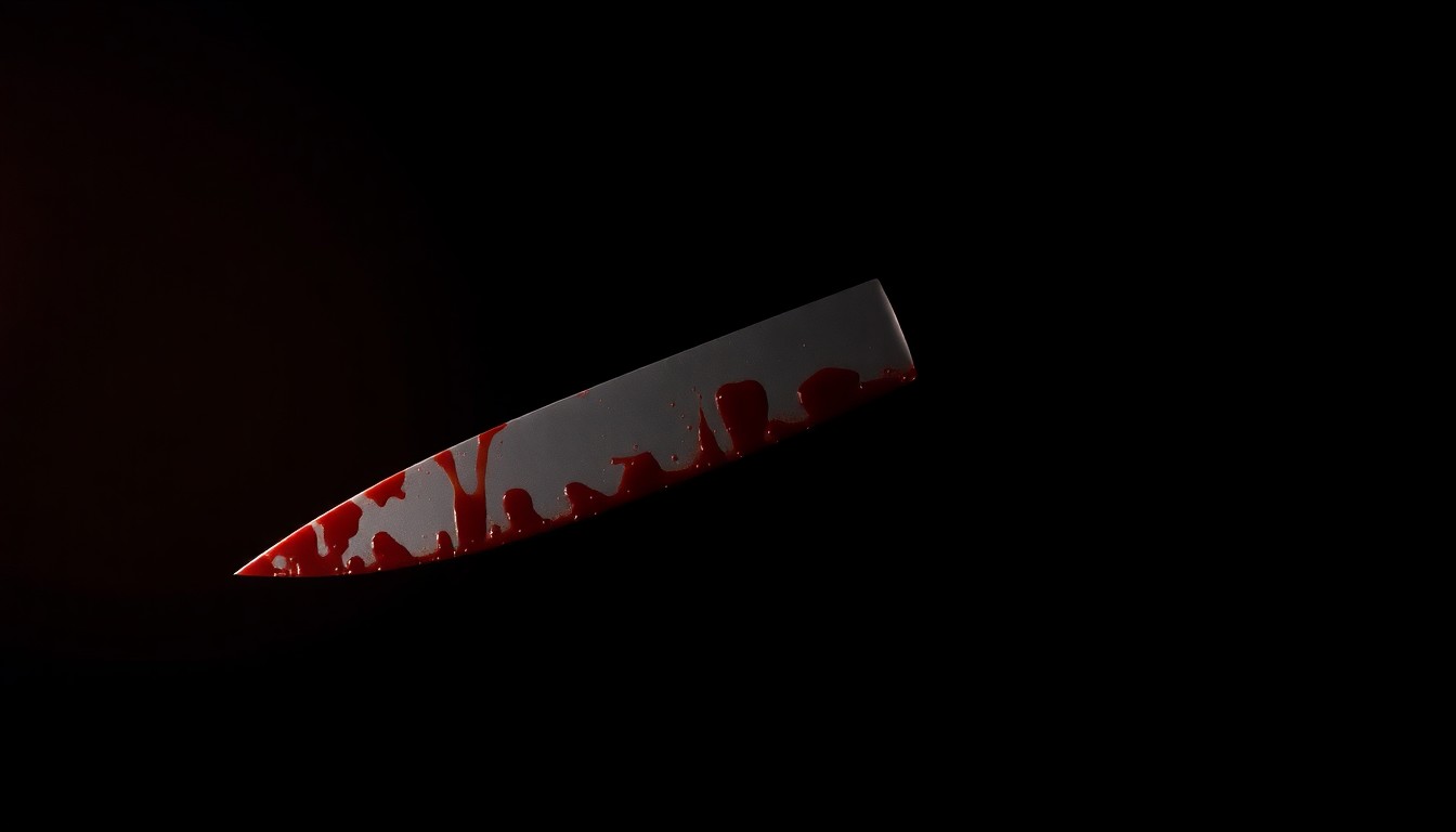 An extreme close-up of a single bloody knife blade against a pitch-black background, creating a stark, gritty, and investigative aesthetic.