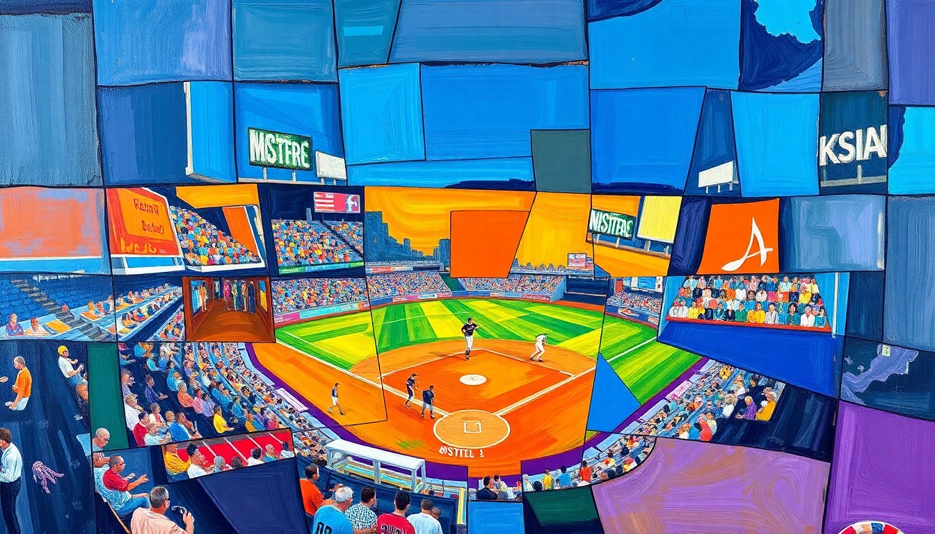 A cubist-style painting depicting a baseball game or match broken down into sharp, overlapping geometric shapes and planes in vibrant colors, conveying the fragmented and multi-faceted nature of the Astros' October 23rd controversy.