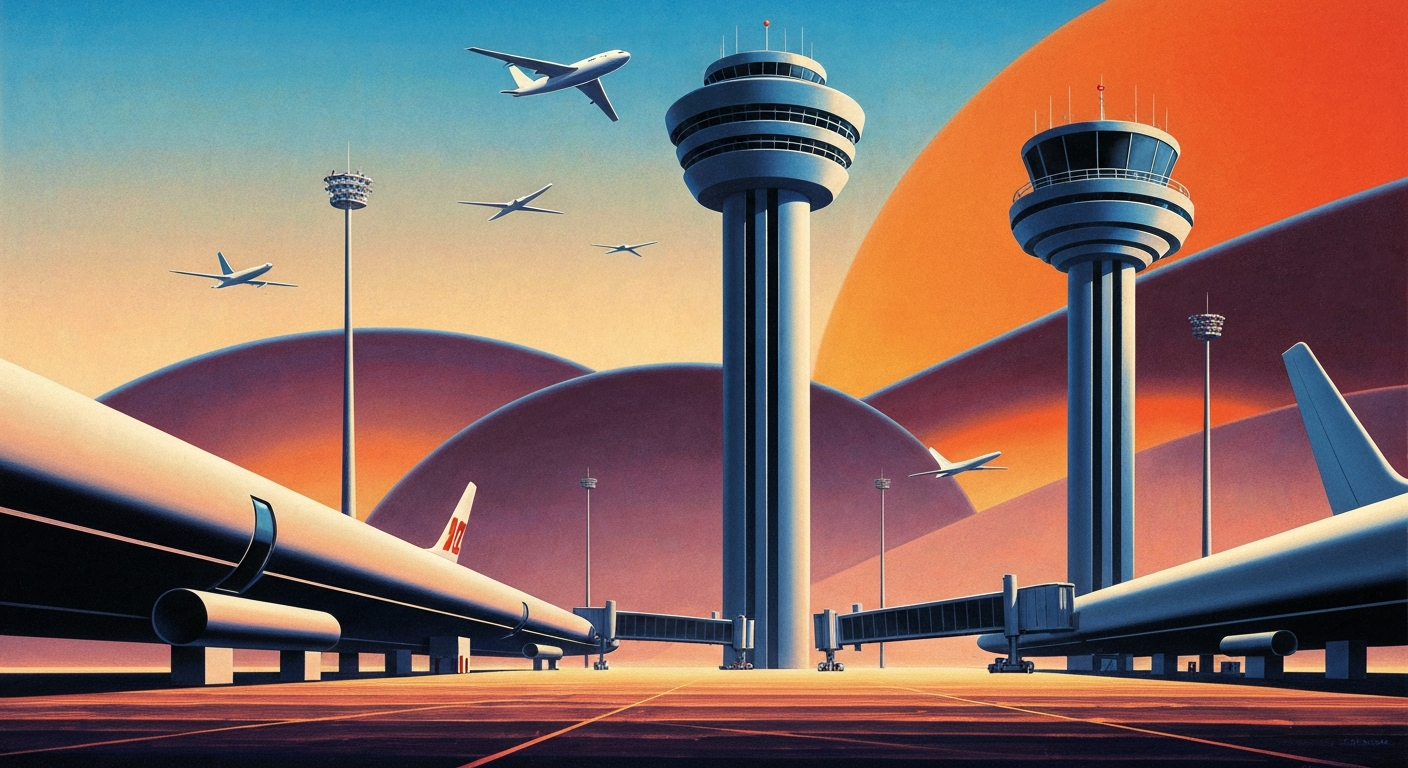 A highly stylized, geometric illustration depicting the towering form of an airport control tower or terminal, rendered in smooth, airbrushed gradients of blues and grays, conveying a sense of scale and disruption in the aviation industry.