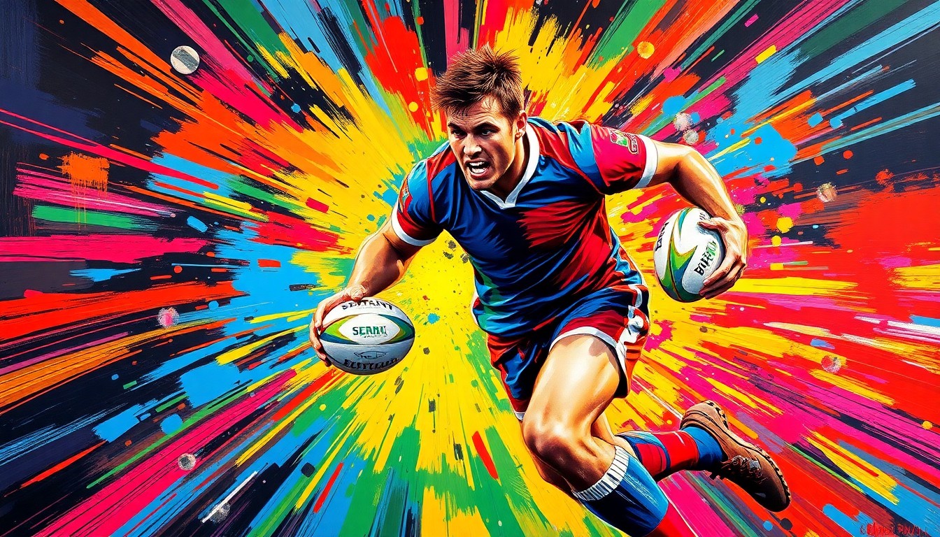 A dynamic, abstract painting in neon colors and bold brushstrokes, capturing the explosive energy and athleticism of a rugby league player in motion, without any recognizable faces or identifiable elements.