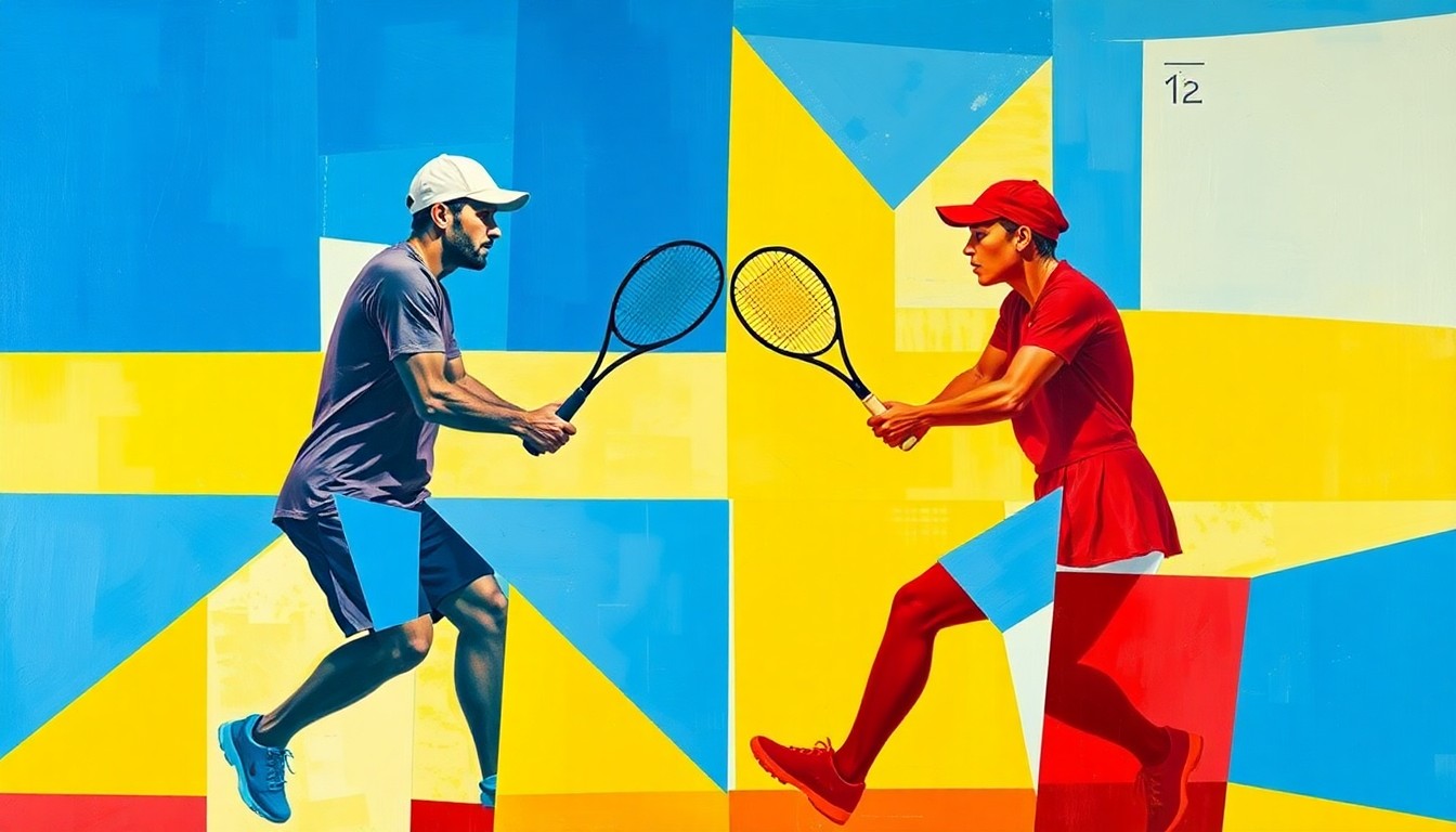 A cubist, geometric painting depicting a doubles tennis match, with the players' figures broken down into abstract shapes and planes of vibrant blue, red, and yellow.