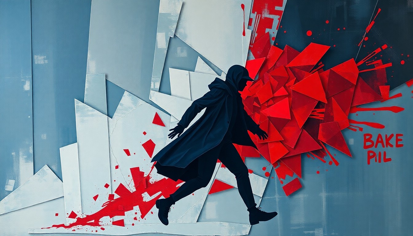 A dynamic, fragmented painting in shades of blue, grey, and red depicting a blurred, shadowy figure in motion, conveying the turbulent atmosphere surrounding the immigration debate in Minneapolis.