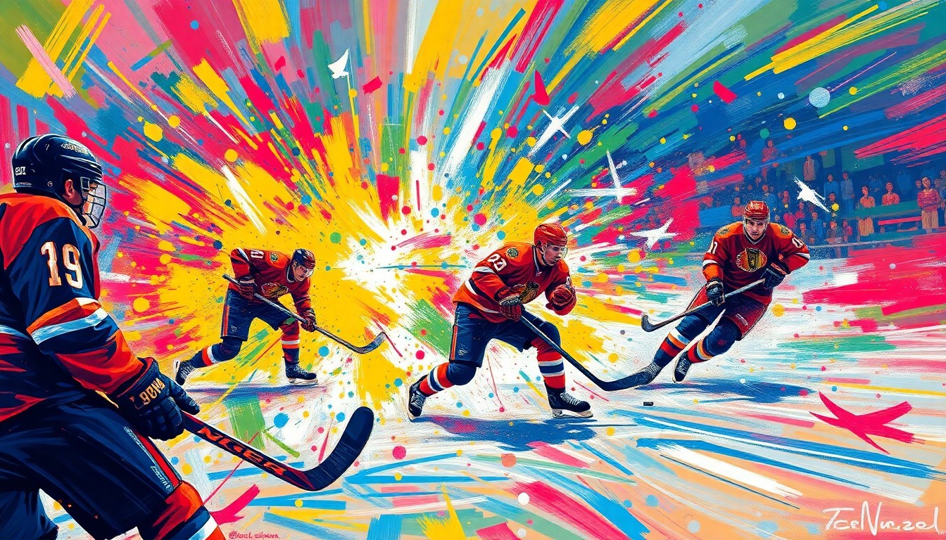 An abstract, expressionist painting featuring vibrant neon brushstrokes and splatters of color, capturing the raw energy and movement of a hockey game, with players' figures dissolving into unrecognizable shapes.