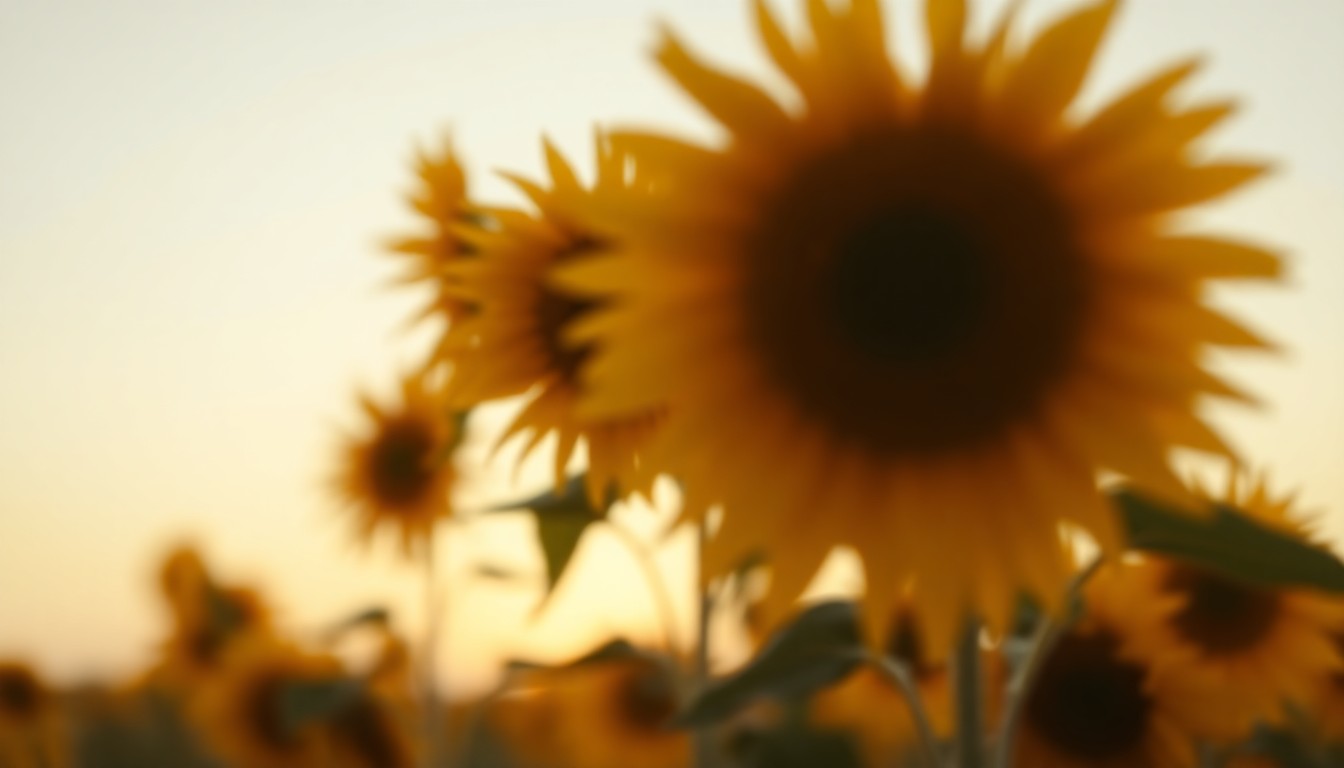 An extremely abstracted, out-of-focus photograph in soft, warm tones, depicting the hazy silhouettes of sunflowers swaying in the wind, conceptually representing the fragility and beauty of life.