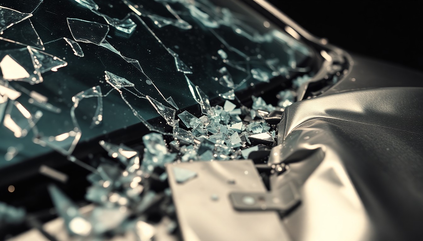 An abstract close-up photograph of shattered glass and crumpled metal from a car accident, captured in dramatic high-contrast studio lighting to create a sense of glamour and luxury gone wrong.