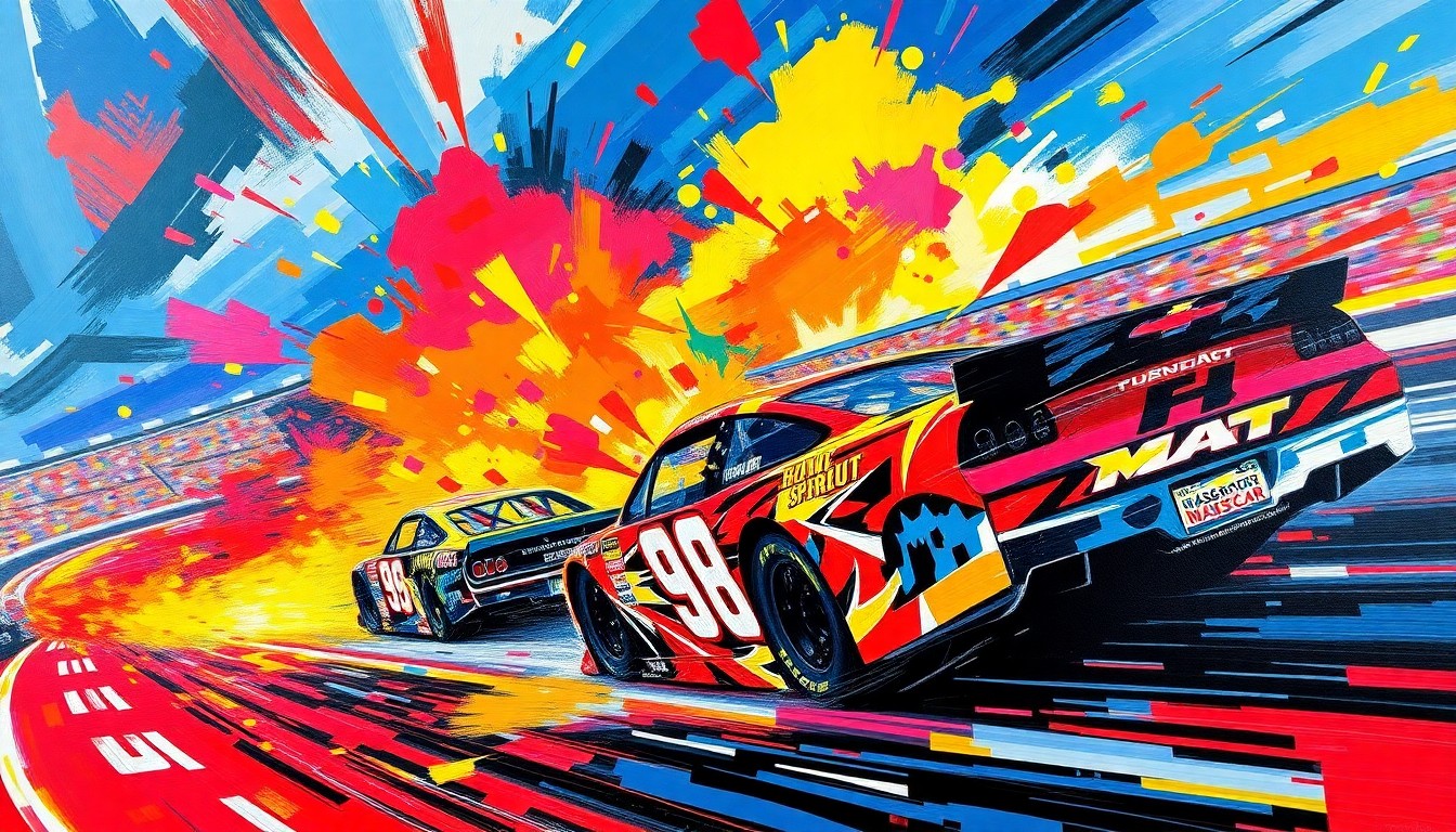 An abstract, expressionist painting in neon colors depicting the intense action and movement of a NASCAR race at Bristol Motor Speedway, with blurred cars and drivers captured in a flurry of brushstrokes.