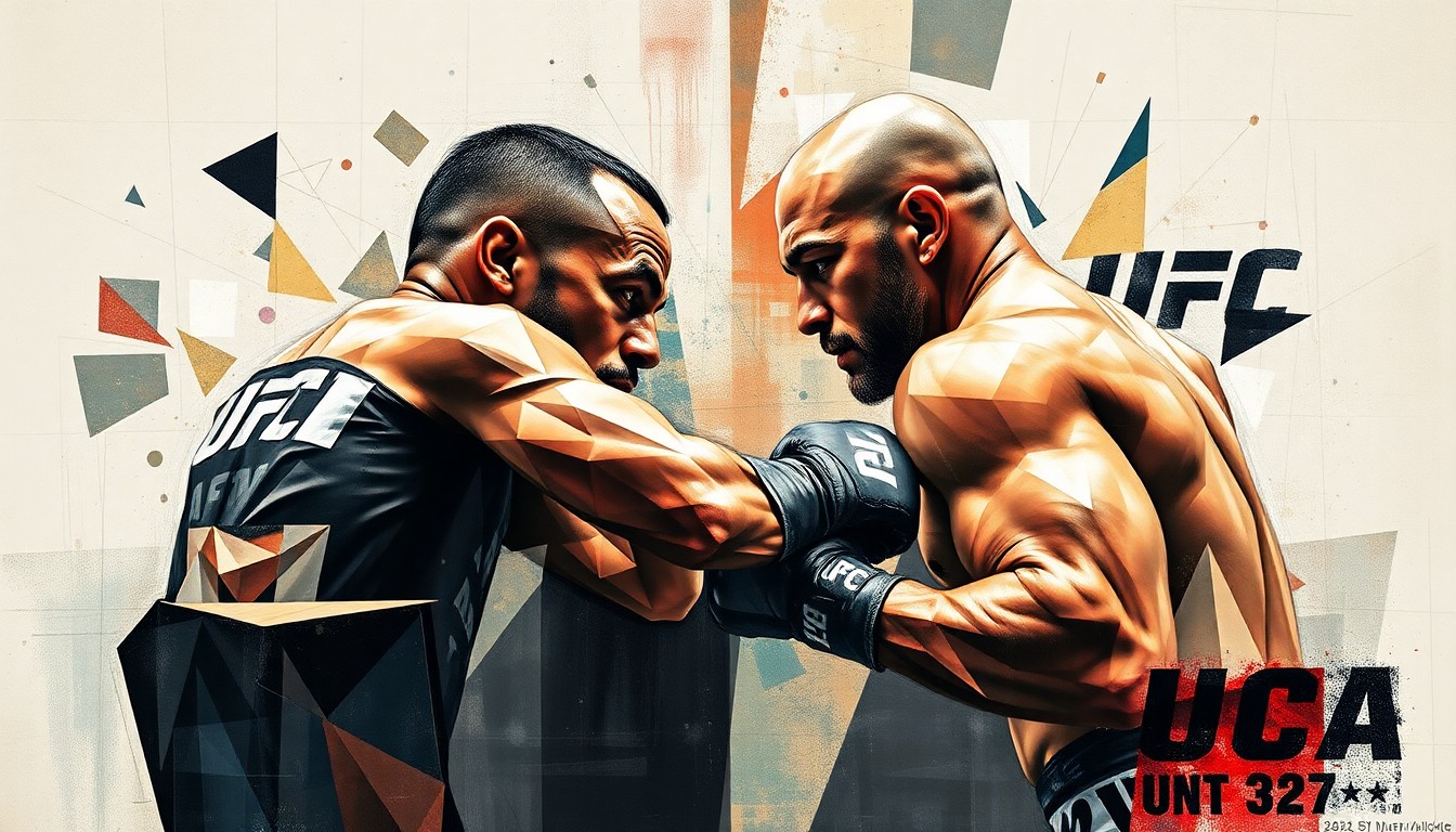 A cubist, geometric painting depicting the dynamic movements and intense action of a mixed martial arts fight, with the figures of the fighters broken down into sharp, overlapping planes of color and form.