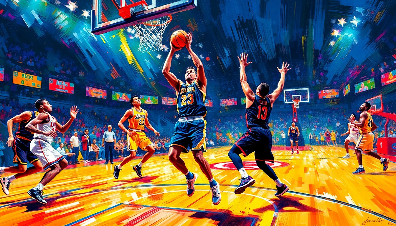 An abstract, energetic painting featuring bold, neon-colored brushstrokes that capture the dynamic movements and scoring plays of basketball players on the court.