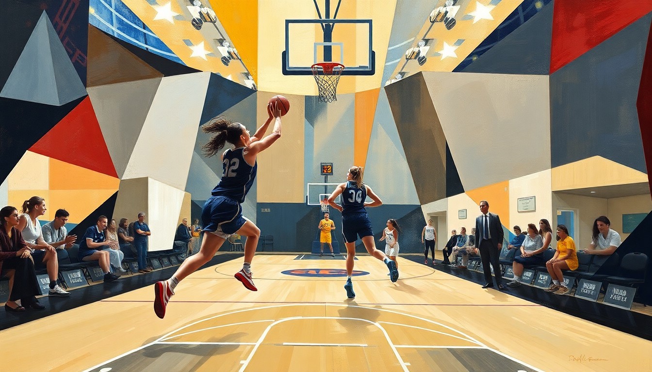 A fragmented, geometric painting depicting the dynamic movements and court lines of a women's basketball game, rendered in an abstract cubist style that captures the sport's raw energy and intensity.