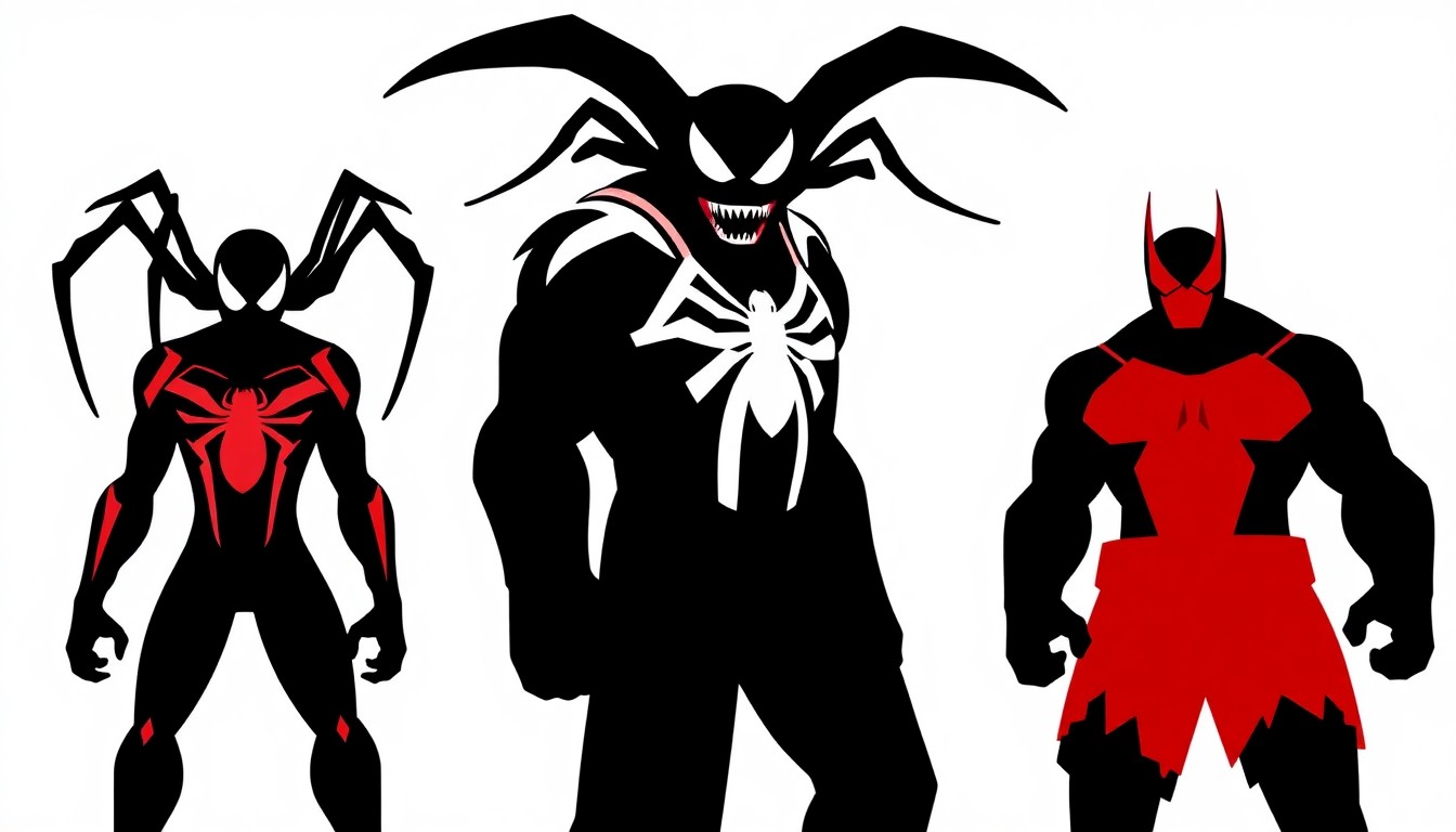 A minimalist, abstract illustration featuring jagged, geometric shapes and bold silhouettes in high-contrast colors, representing the new villains and the Savage Hulk from the upcoming 'Spider-Man: Brand New Day' film.