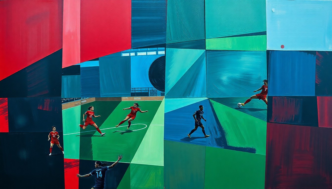 A cubist, geometric painting featuring overlapping planes of navy, green, and red, conceptually representing the fractured, high-intensity action of a women's soccer match.