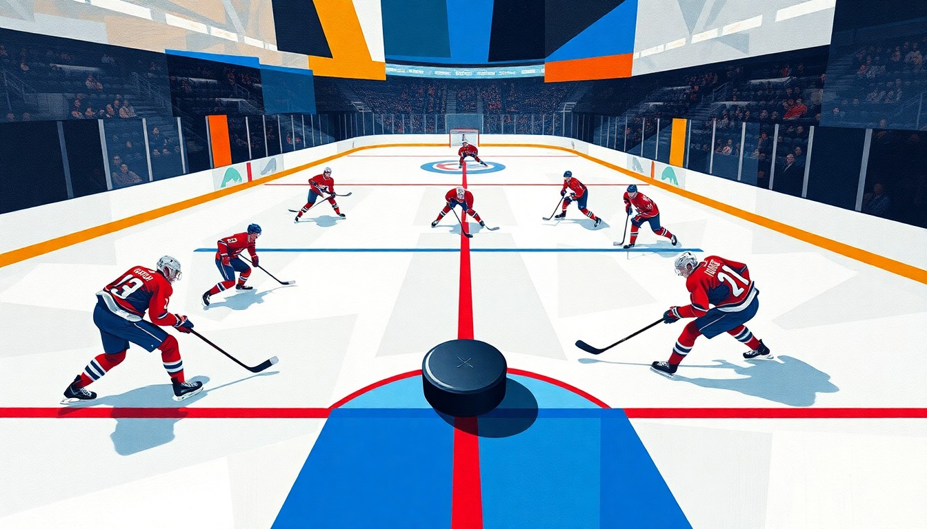A fractured, multi-perspective painting in the style of Pablo Picasso, breaking down a hockey game into sharp, overlapping geometric planes of color, with the puck as a central focal point.