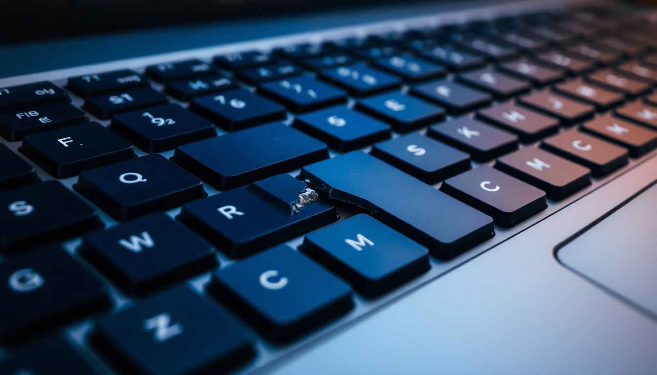 An extreme close-up photograph of a single cracked or damaged computer keyboard key, representing the vulnerability of digital systems and the potential for human error to compromise sensitive data.