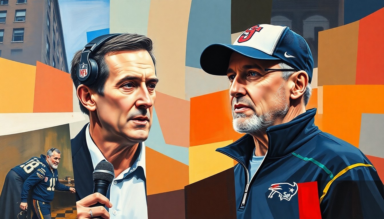 A cubist-style painting depicting fragmented, geometric shapes and planes in shades of blue, green, and orange, representing the breakdown of trust and transparency between a sports reporter and an NFL coach.