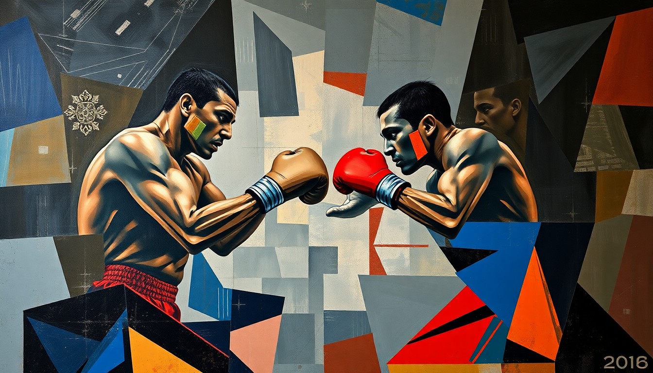 A cubist-style painting depicting a boxing match, with the figures and arena broken down into sharp, overlapping geometric shapes in a palette of deep blues, grays, and reds, capturing the raw energy and emotion of the event.