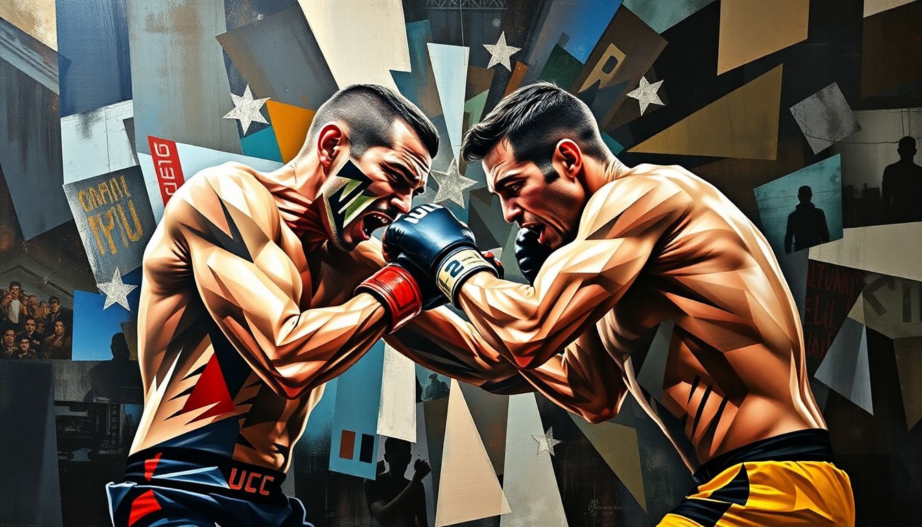 A fragmented, geometric painting depicting the chaotic action of an MMA fight, with sharp planes and angles representing the intense exchanges between the two fighters.