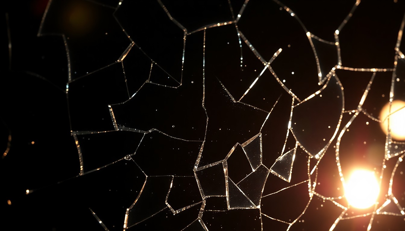An extreme close-up of shattered glass reflecting a single spotlight, conveying the fragility and darkness behind the glamour of Hollywood.