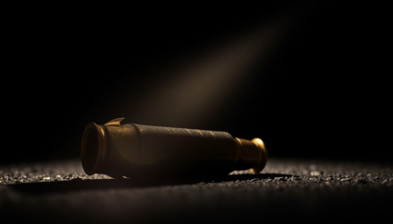 An extreme close-up photograph of a spent bullet casing on the ground, its metallic surface and dramatic shadows creating a stark, gritty, investigative aesthetic.