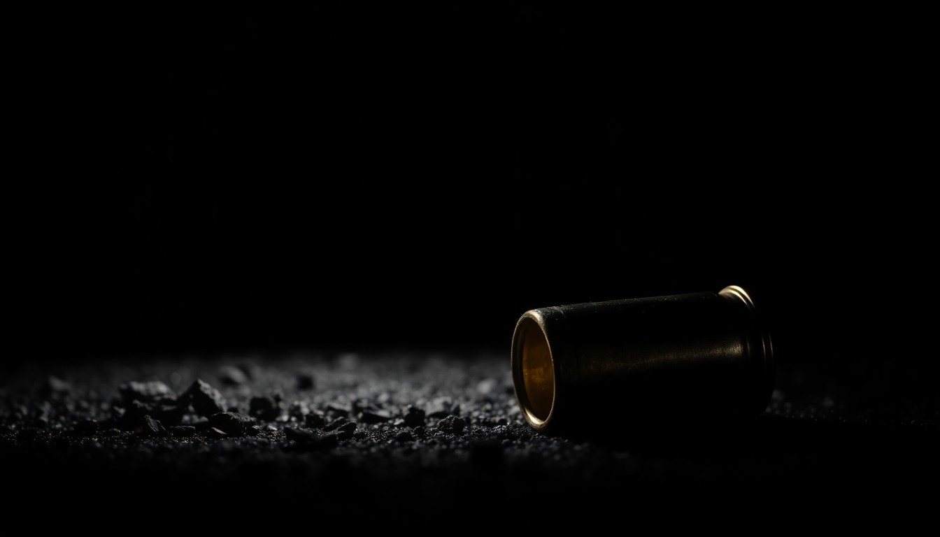 An extreme close-up photograph of a spent shell casing on the ground, with dramatic shadows and harsh lighting creating a stark, gritty visual representation of the gun violence incident.