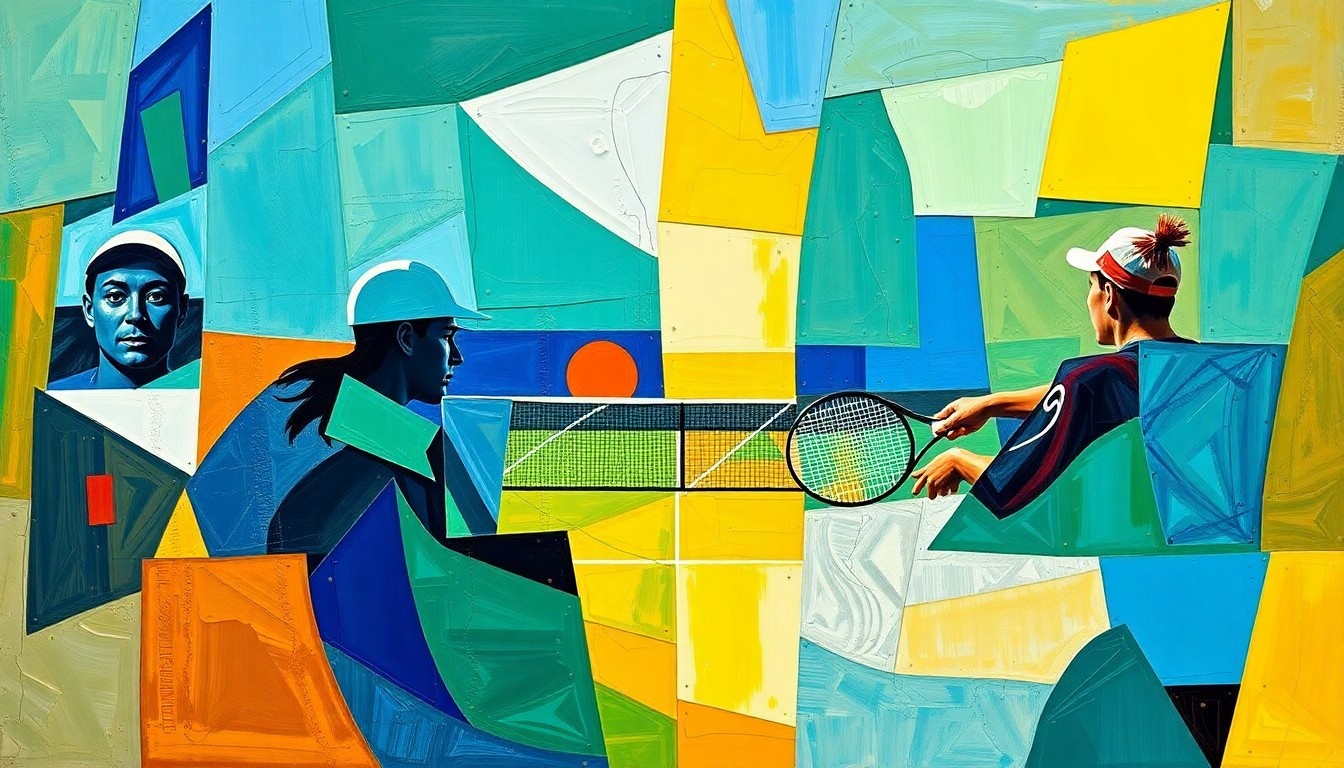 A cubist, geometric painting depicting the abstracted forms of tennis players in motion, with vibrant colors and overlapping planes conveying the dynamic energy of the sport.
