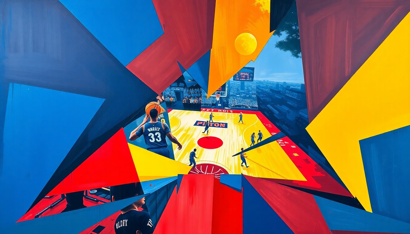 A cubist, geometric painting depicting a Detroit Pistons basketball game, with sharp, overlapping planes of blue, red, and yellow, capturing the team's dynamic and adaptable playing style.