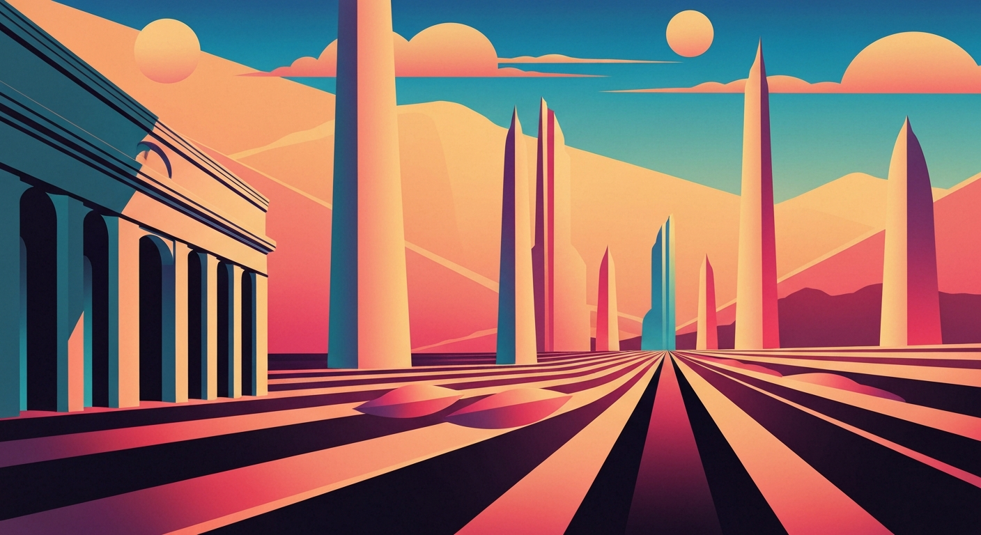 A highly stylized, geometric illustration in the Art Deco style, featuring sweeping gradients and towering architectural forms that evoke the grand scale and romance of air travel, without any literal depiction of people, text, or identifiable elements.