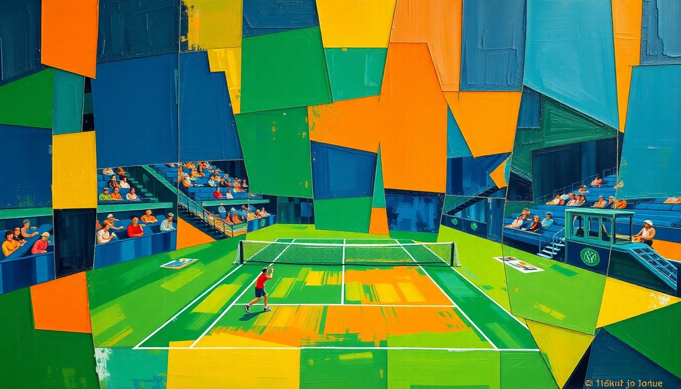A cubist, geometric painting depicting a tennis match or competition, with sharp, overlapping planes of color representing the dynamic movements and energy of the sport.