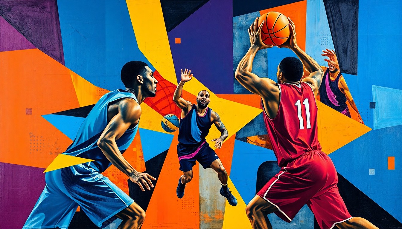 A cubist, geometric painting depicting a basketball game in motion, with the players' forms broken down into overlapping planes of vibrant colors like blue, orange, and purple, capturing the energy and intensity of the high-profile showcase event.