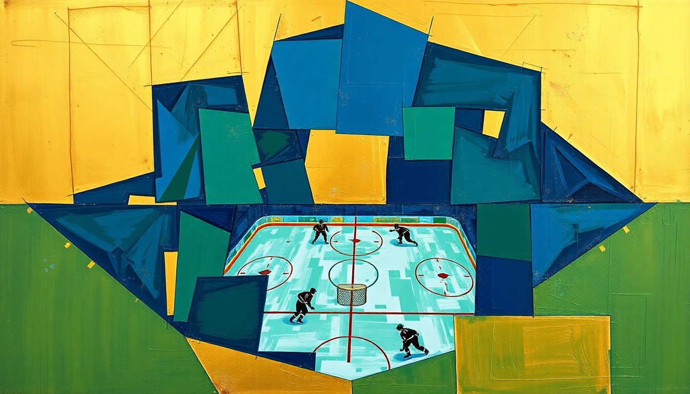 A cubist, geometric painting depicting a hockey game, with sharp, overlapping planes of navy blue, forest green, and gold representing the players, puck, and arena.