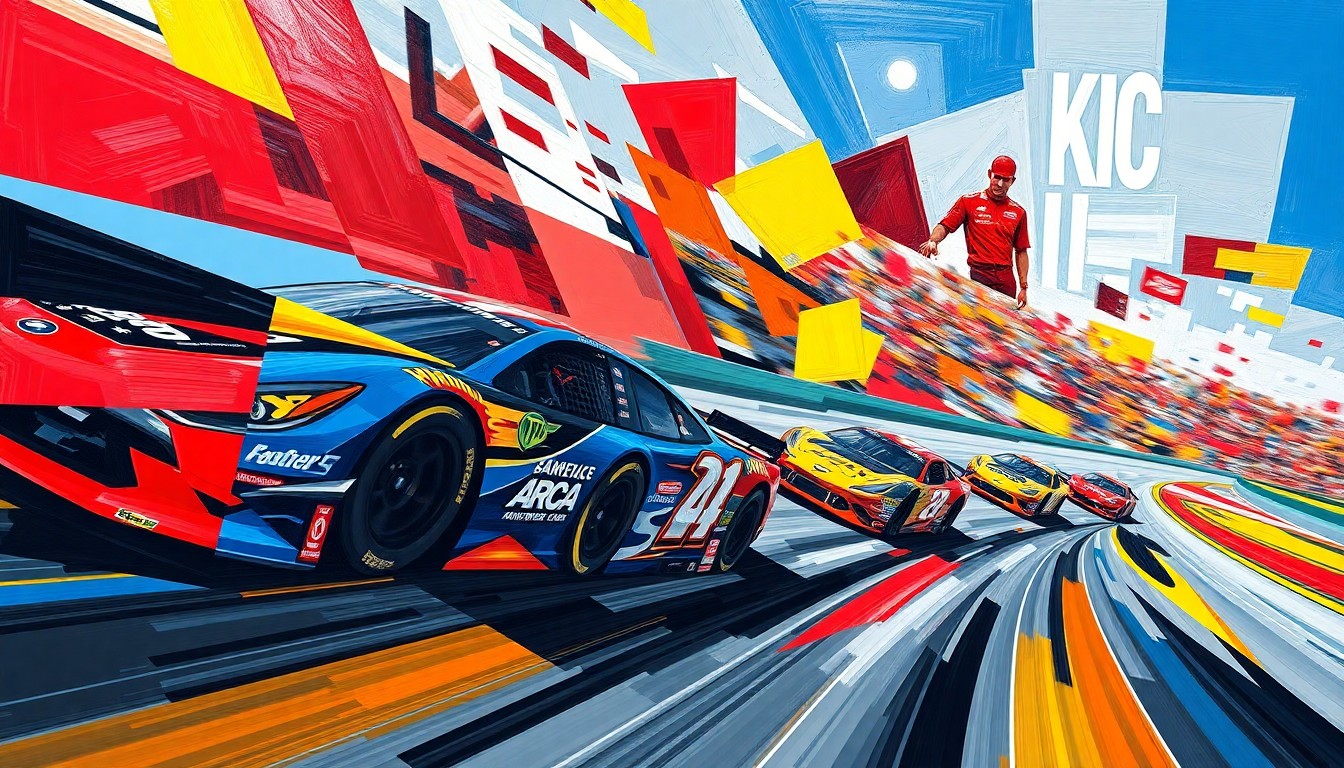 A cubist-style painting depicting an ARCA race in a fractured, multi-perspective manner, with sharp geometric planes of vibrant colors representing the competing teams and drivers.