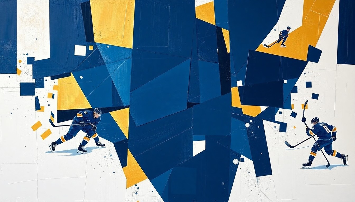 A cubist, geometric painting depicting a hockey player in motion, with the player's form broken down into sharp, overlapping planes of navy blue, gold, and white, conveying the dynamic energy of the sport.