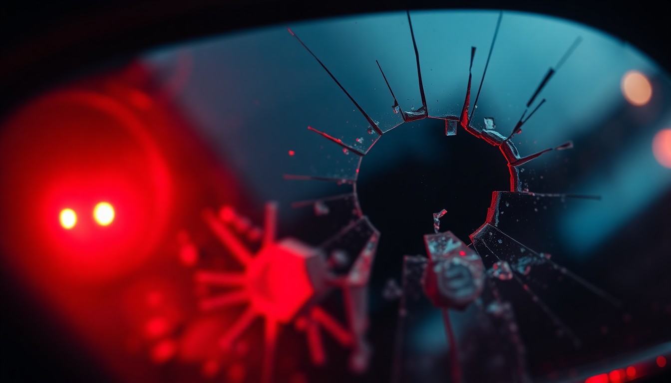 An extreme close-up photograph of a shattered car sensor lens reflecting a faint red light, conceptually representing the aftermath and potential dangers of a child's disappearance.
